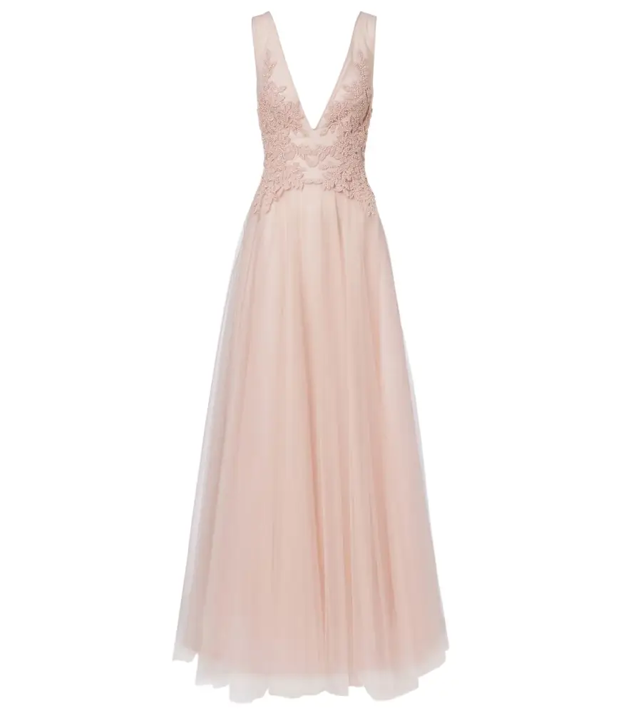 Costarellos Floral-appliqué tulle gown