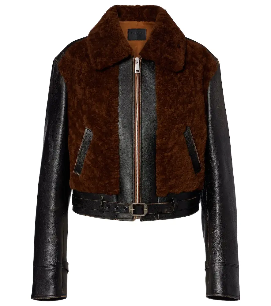 Prada Belted shearling-trimmed leather jacket