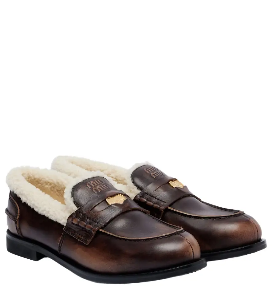 Miu Miu Shearling-lined leather penny loafers