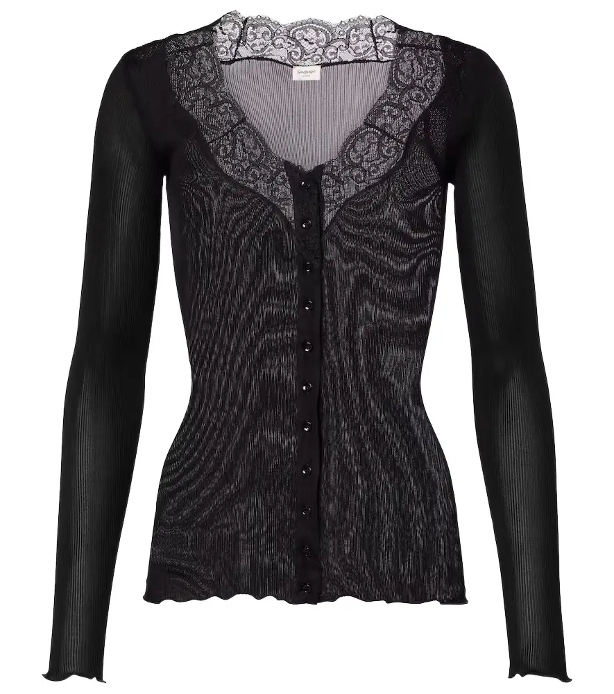 Saint Laurent Lace-trimmed semi-sheer silk top