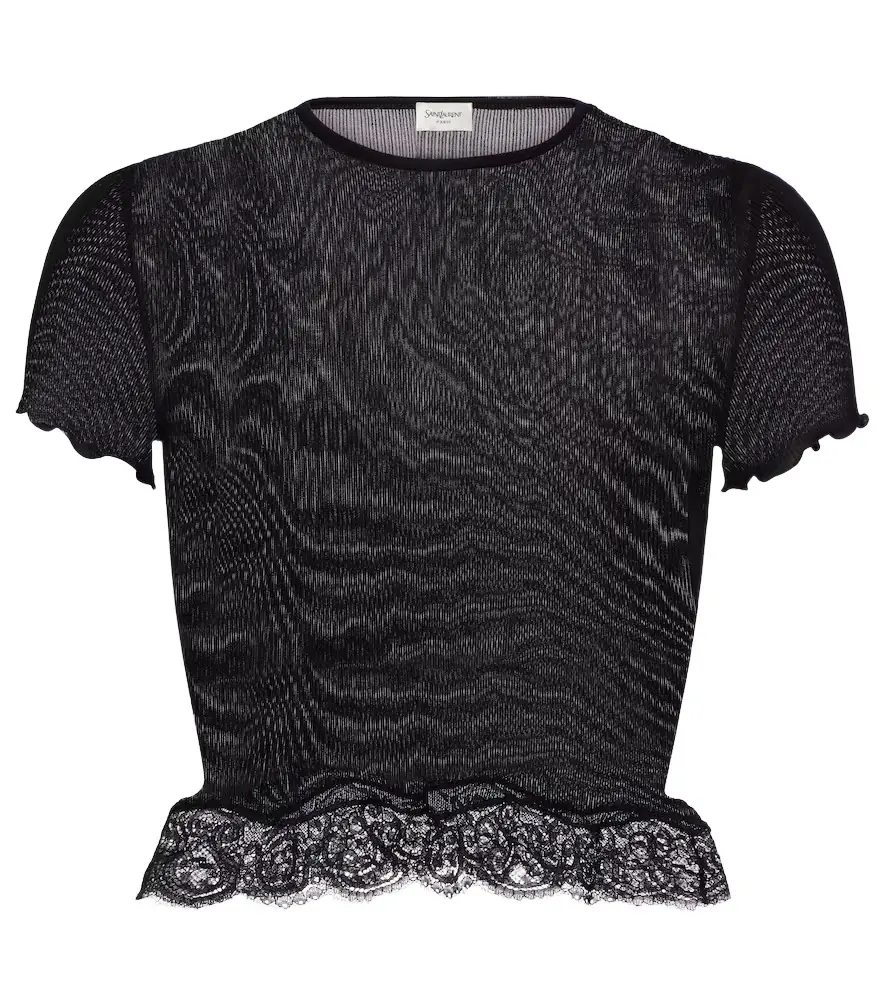 Saint Laurent Lace-trimmed cropped silk T-shirt