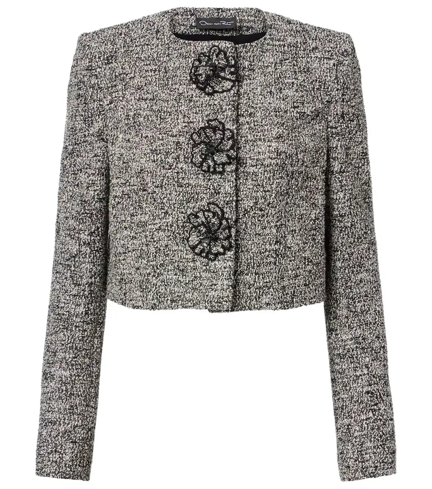 Oscar de la Renta Floral-appliqué cotton-blend tweed jacket