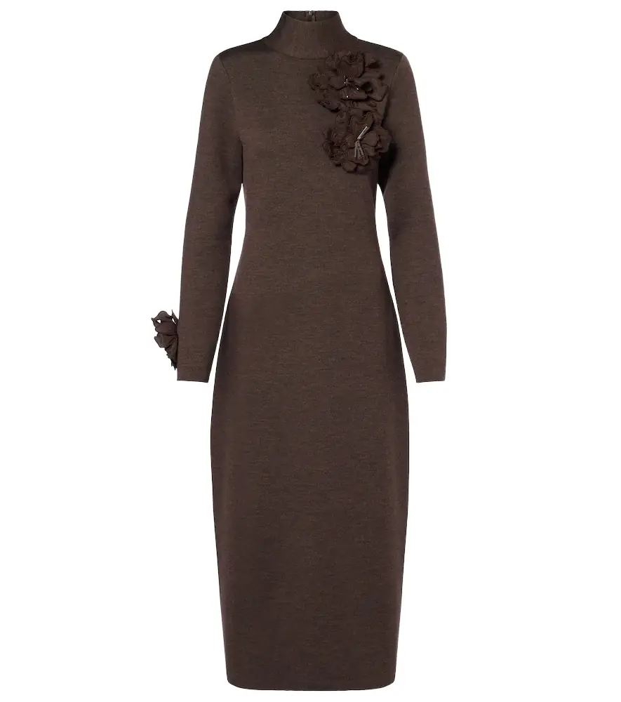 Oscar de la Renta Floral-appliqué wool-blend midi dress