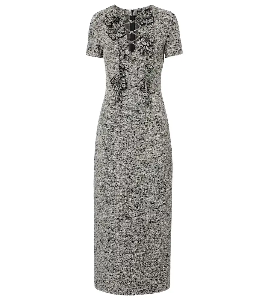 Oscar de la Renta Floral-appliqué cotton-blend tweed midi dress