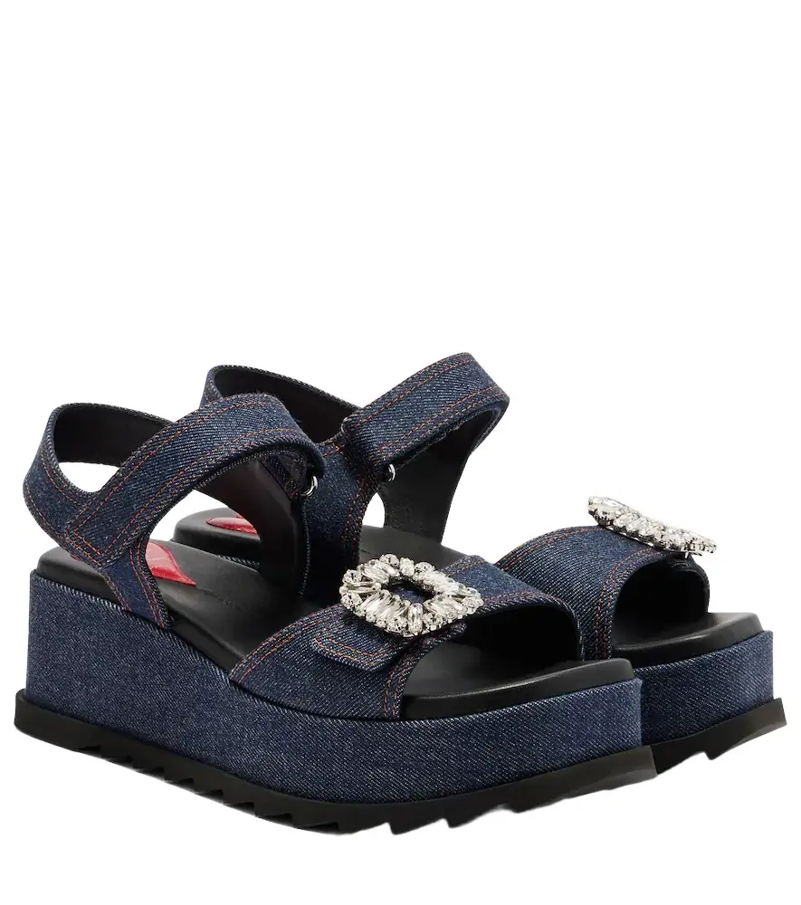 Roger Vivier Embellished denim wedge sandals
