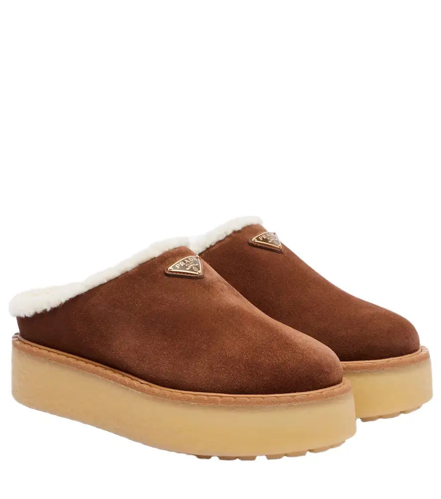 Prada Evolve shearling-trimmed suede platform mules