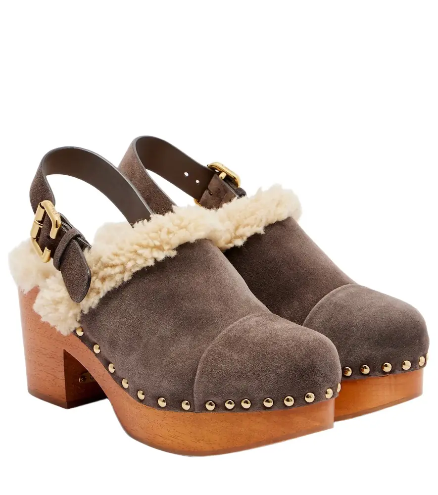 Chloe Chloé Jeannette shearling-trimmed suede wedge clogs