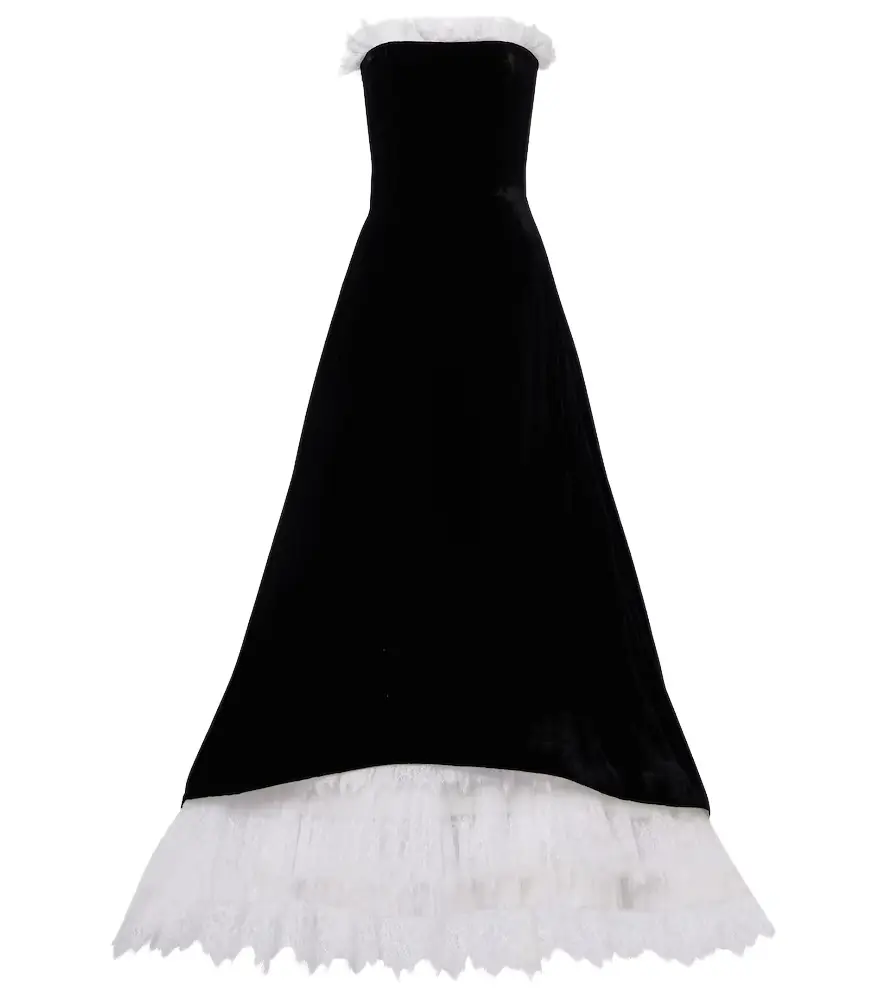 Costarellos Laurette lace-trimmed velvet bustier gown