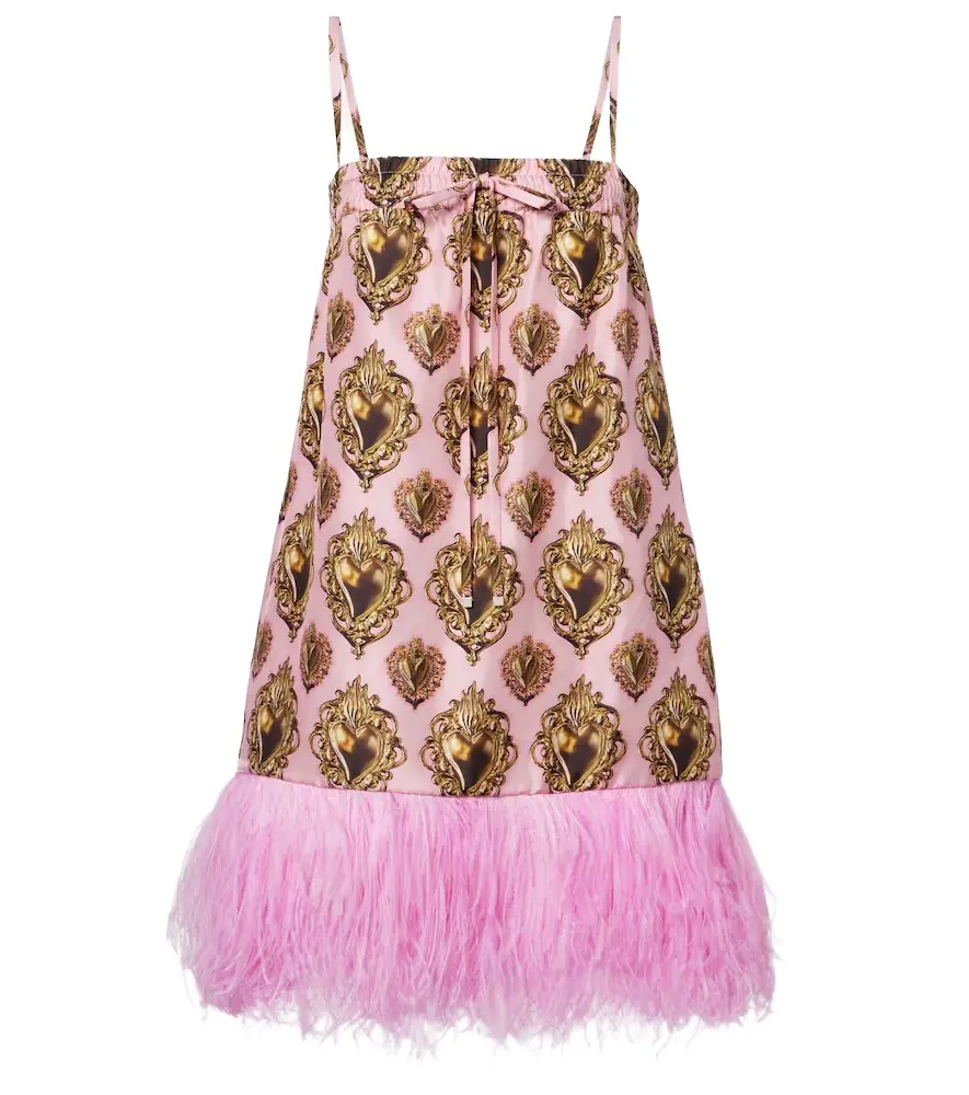 Dolce & Gabbana Feather-trimmed printed silk minidress