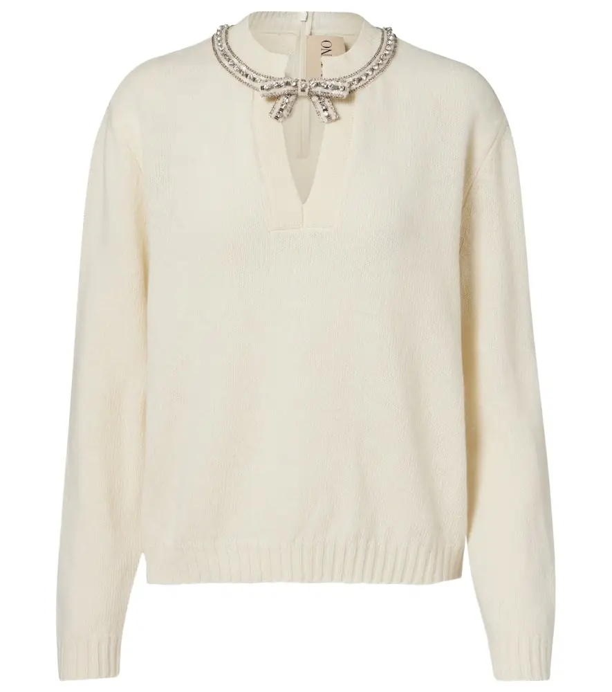Valentino Embellished bow-detail virgin wool sweater