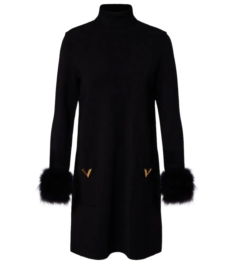 Valentino VLogo feather-trimmed turtleneck minidress