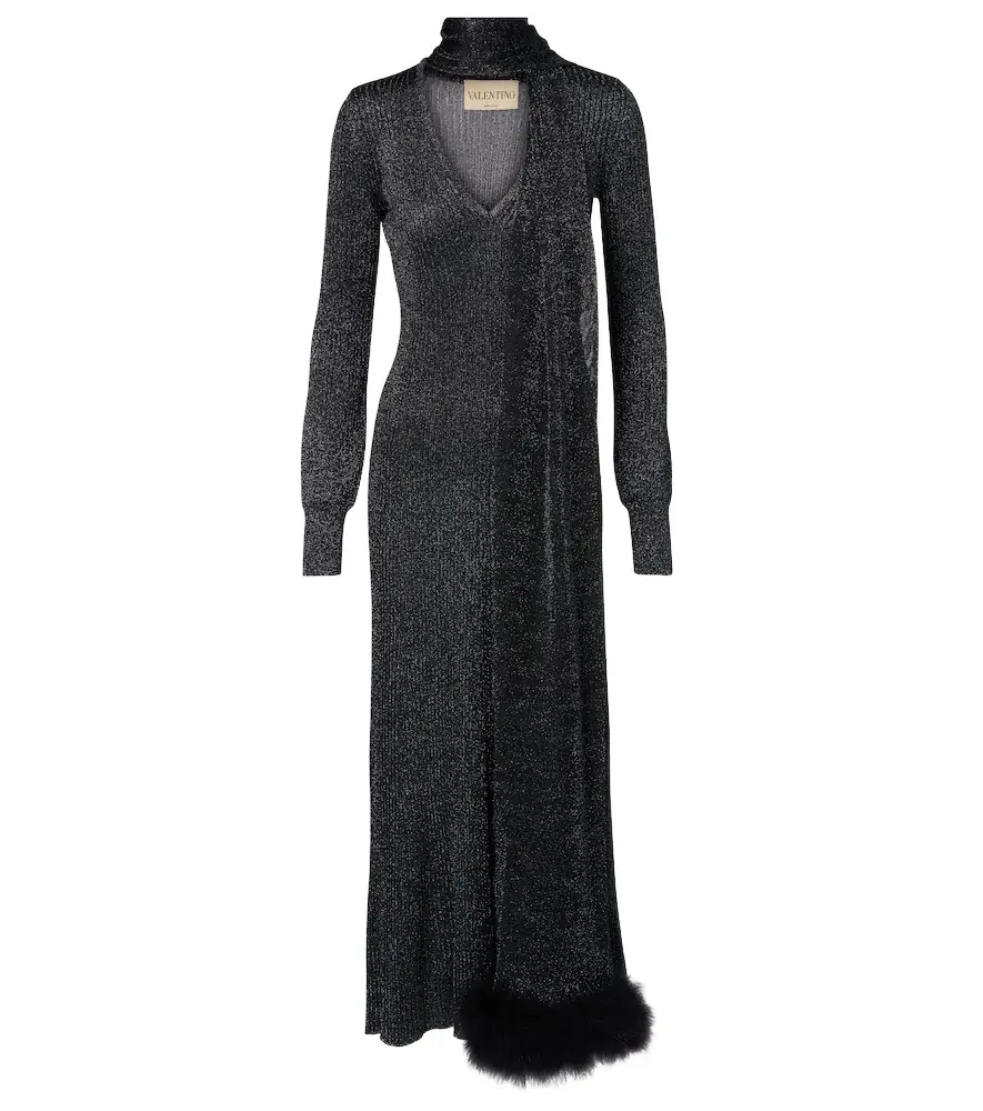 Valentino Feather-trimmed lamé maxi dress