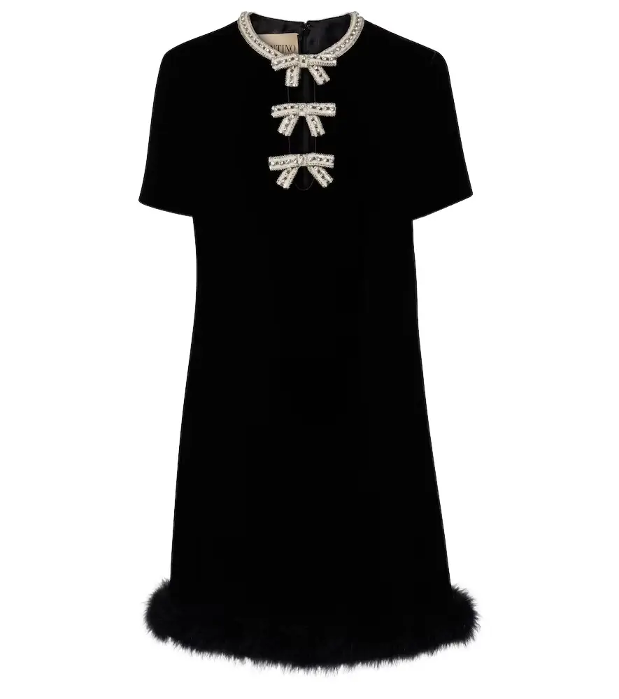 Valentino Embellished feather-trimmed velvet minidress