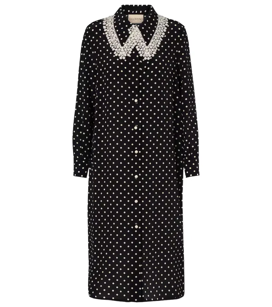 Valentino Polka-dot lace-trimmed silk shirt dress