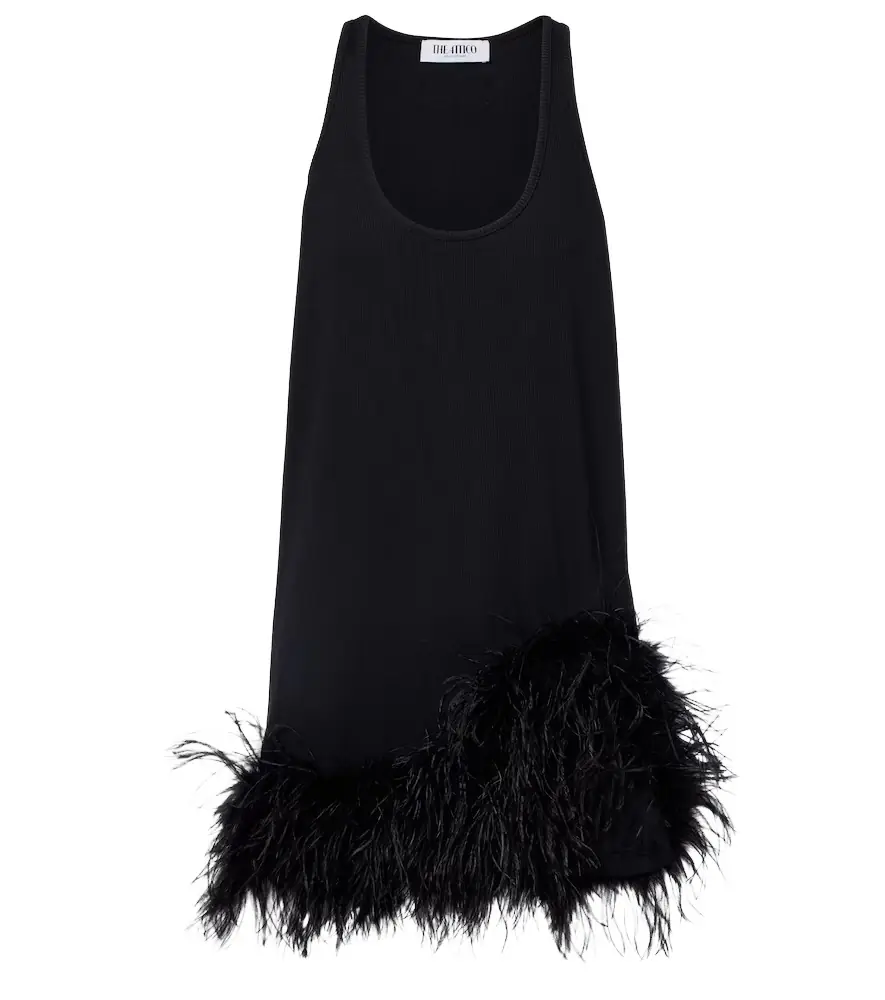 The Attico Ribbed-knit feather-trimmed cotton minidress