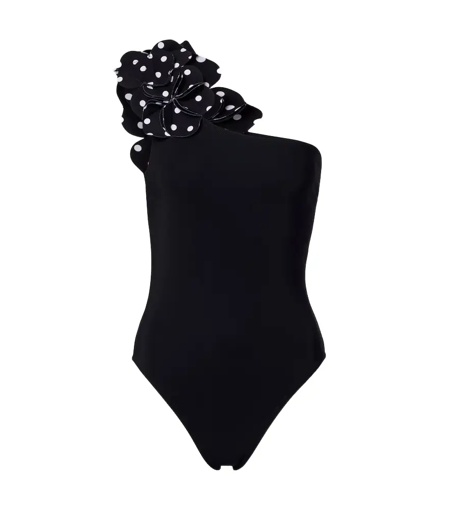 Karla Colletto Aria floral-appliqués one-shoulder swimsuit