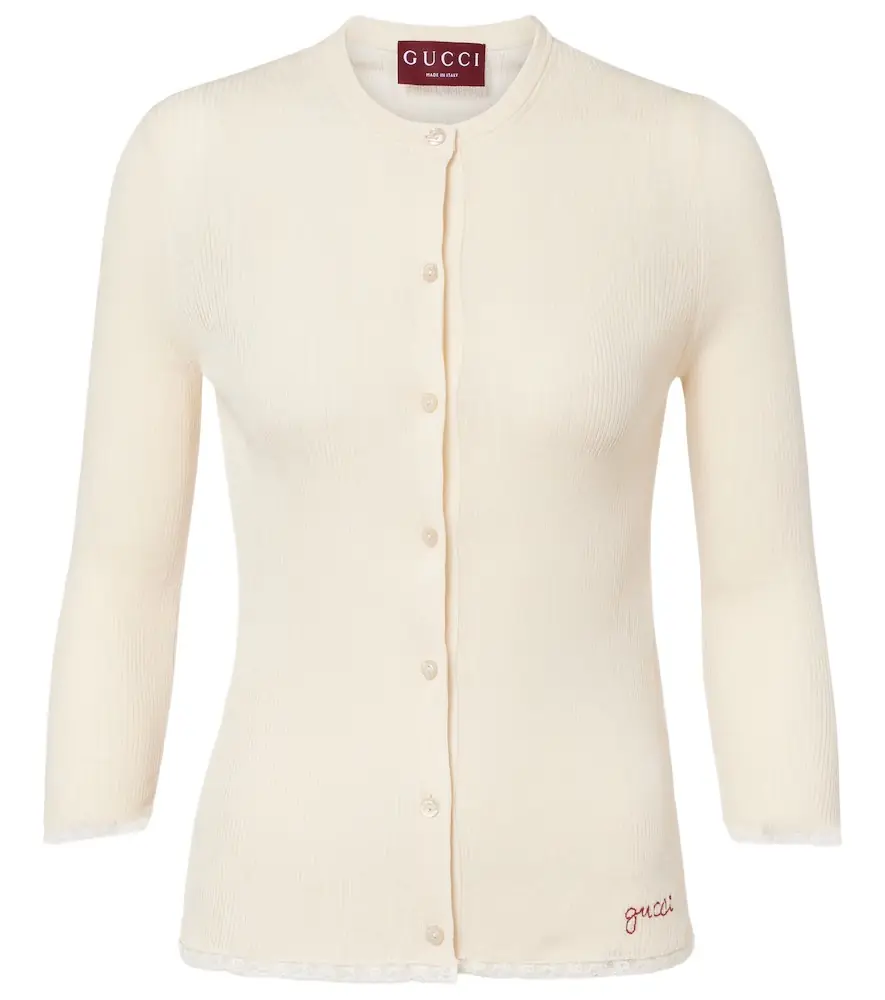 Gucci Lace-trimmed ribbed-knit cotton cardigan
