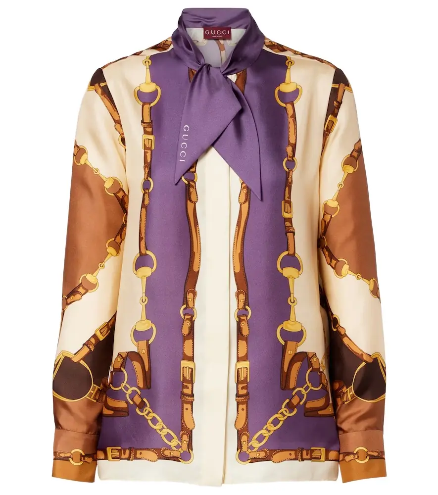 Gucci Printed tie-neck silk twill blouse