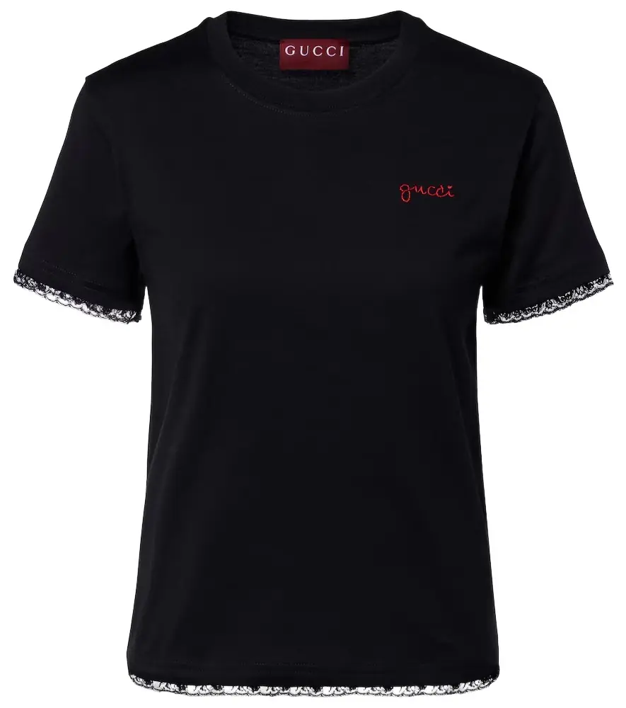Gucci Embroidered lace-trimmed cotton jersey T-shirt