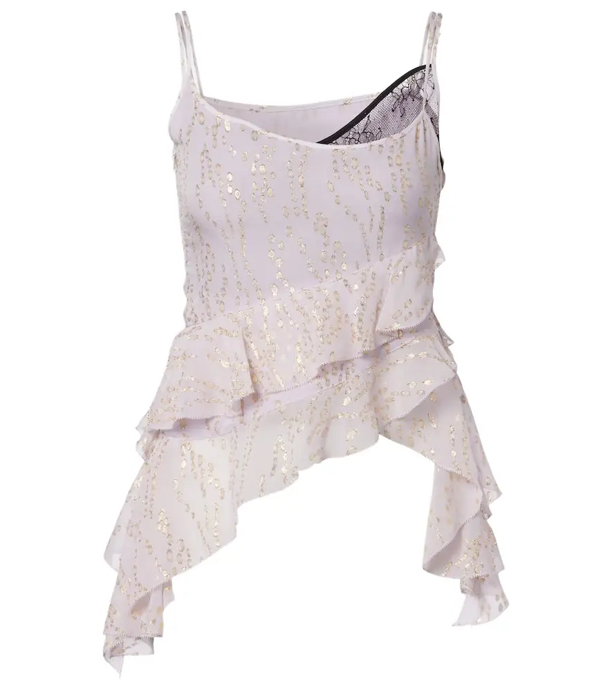 Jacques Wei Printed ruffled asymmetric silk-blend top