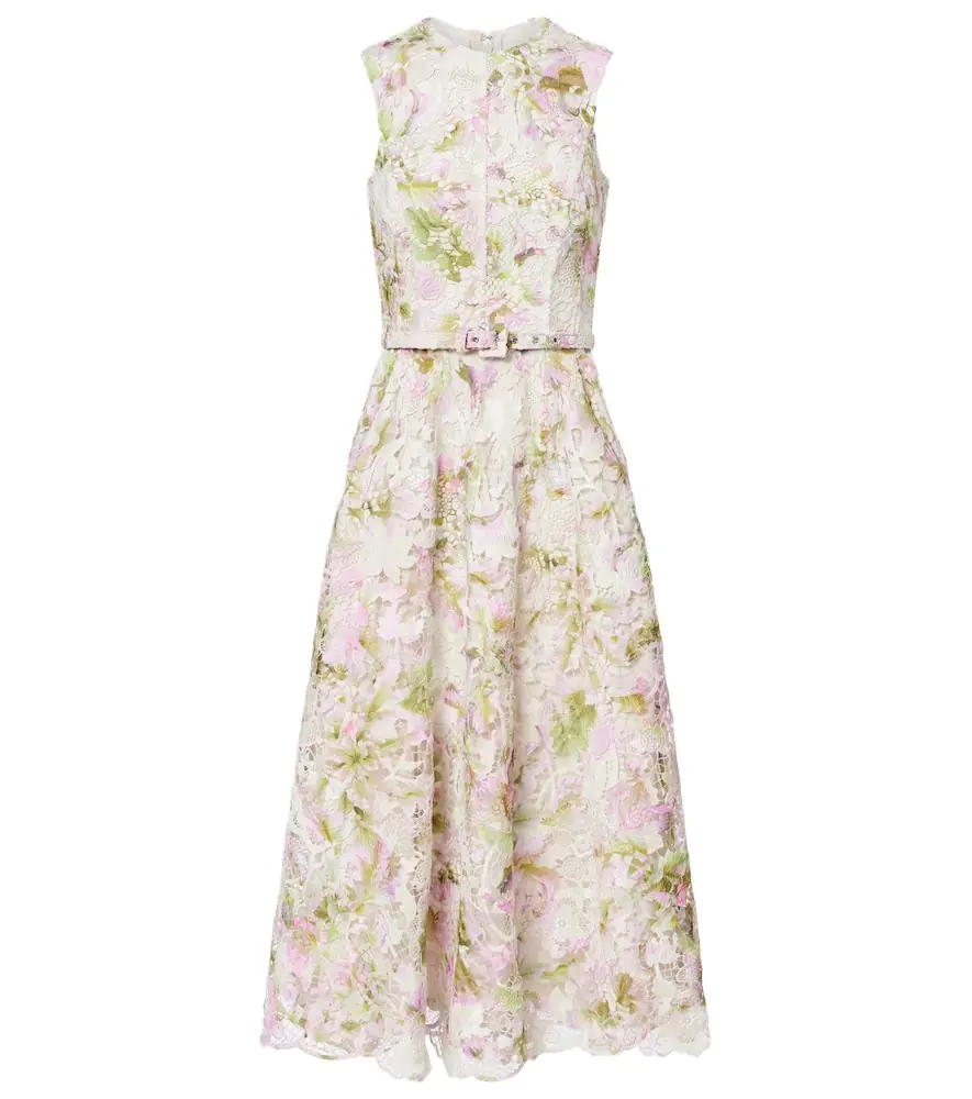 Monique Lhuillier Belted lace midi dress