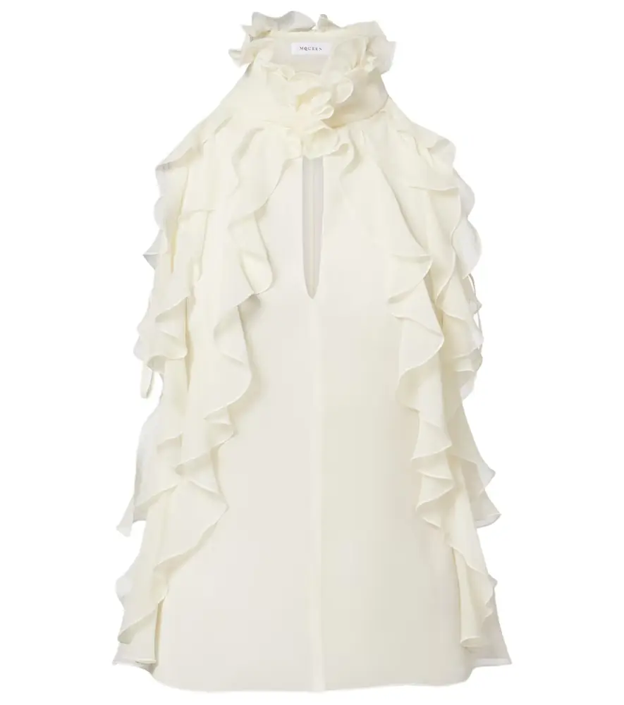 McQueen Ruffled cutout silk georgette top