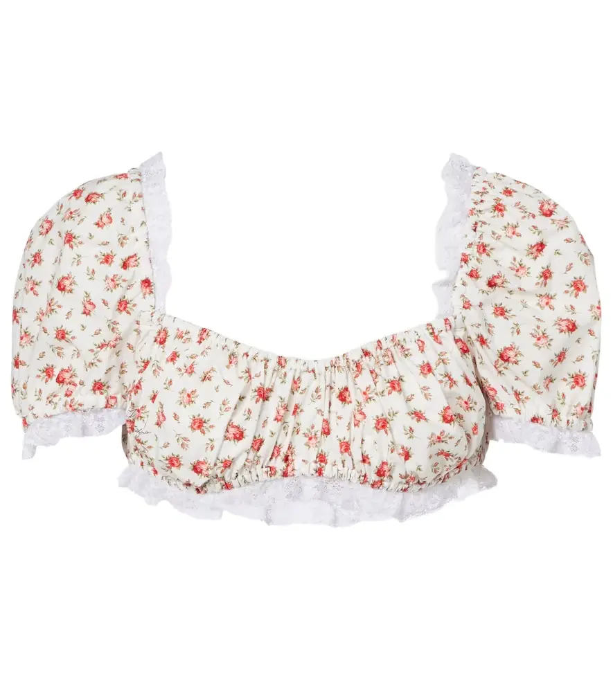 Dolce & Gabbana Floral lace-trimmed cotton poplin crop top