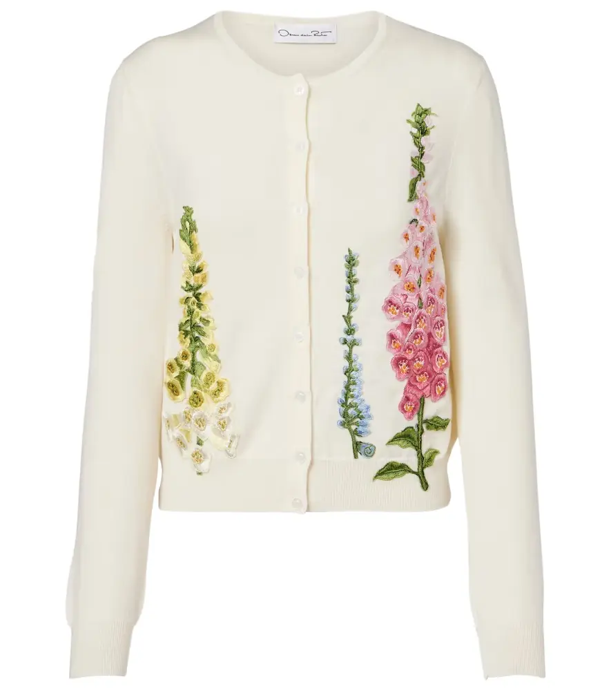 Oscar de la Renta Foxgloves embroidered virgin wool cardigan