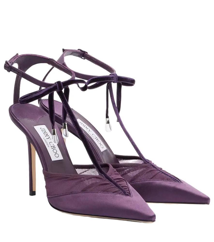 Jimmy Choo Afia 100 velvet-trimmed satin pumps