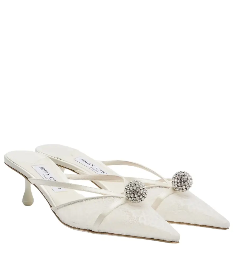 Jimmy Choo Sana embellished leather-trimmed lace mules