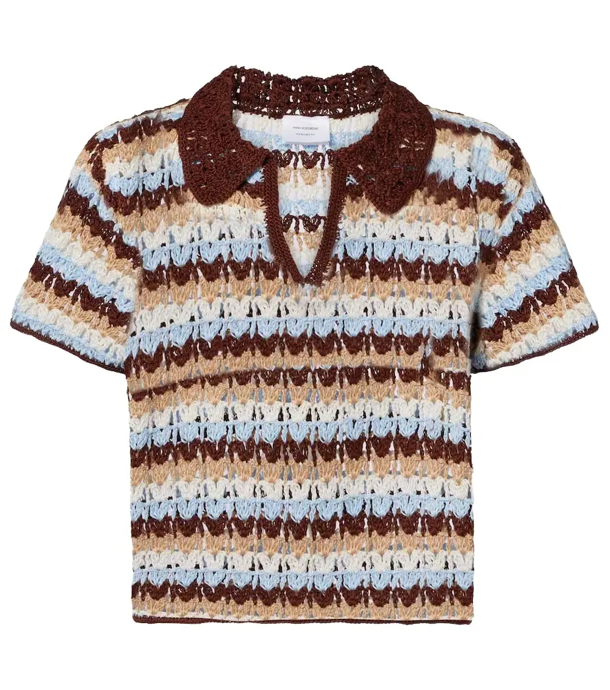 Anna Kosturova Crochet striped cotton polo shirt