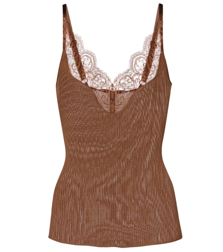 Saint Laurent Lace-trimmed ribbed-knit silk tank top