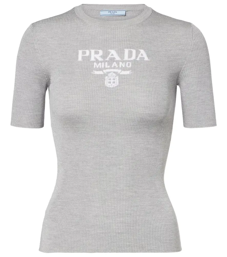 Prada Logo ribbed-trim silk T-shirt