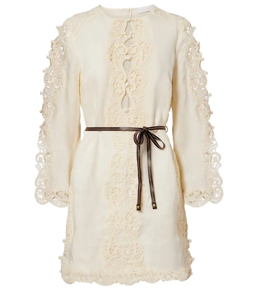 Zimmermann Awaken belted embroidered linen minidress