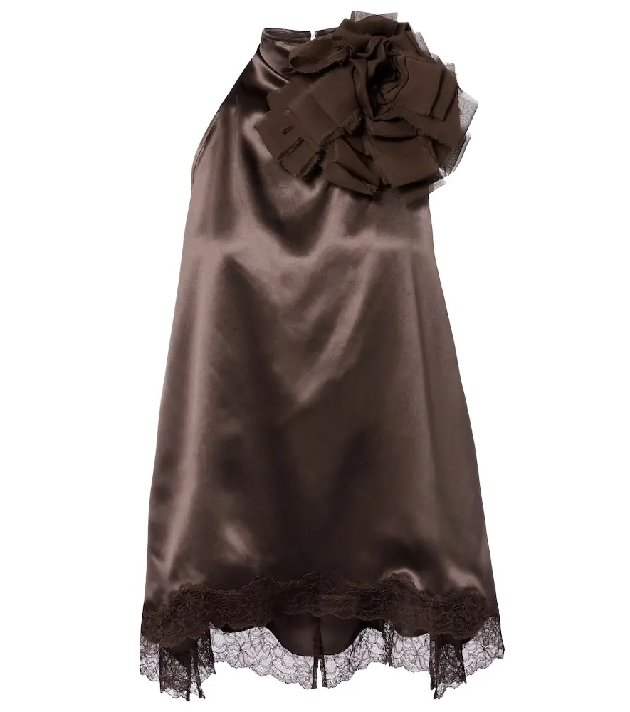 Magda Butrym Floral-appliqué lace-trimmed silk satin top