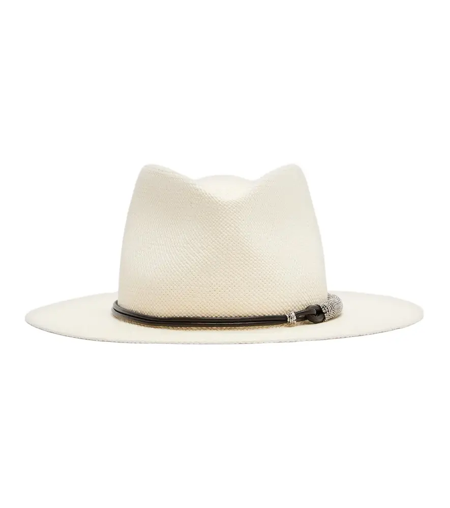 Brunello Cucinelli Leather-trimmed straw fedora hat