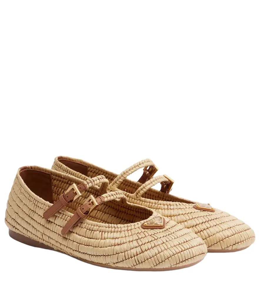 Prada Crochet leather-trimmed Mary Jane flats