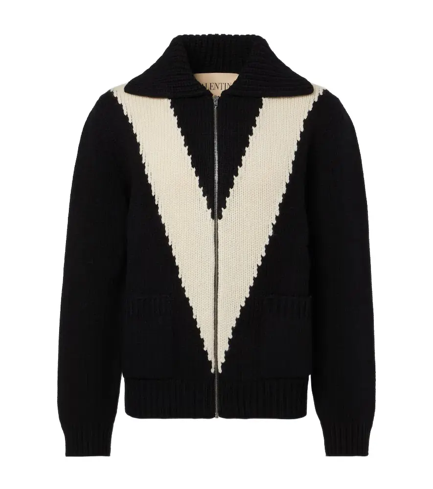Valentino Intarsia virgin wool zip-up cardigan