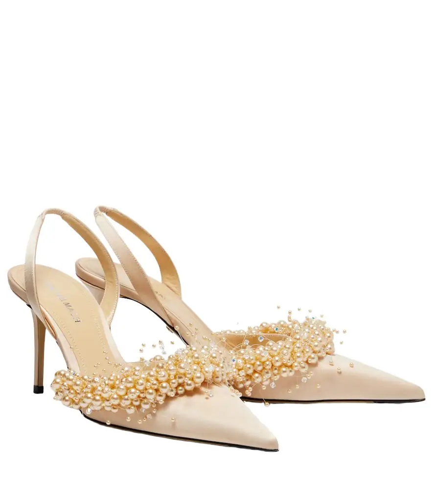 Mach & Mach Floating Pearls 85 satin slingback pumps