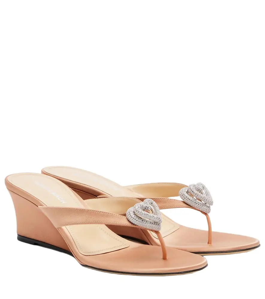 Mach & Mach Double Heart satin wedge thong sandals