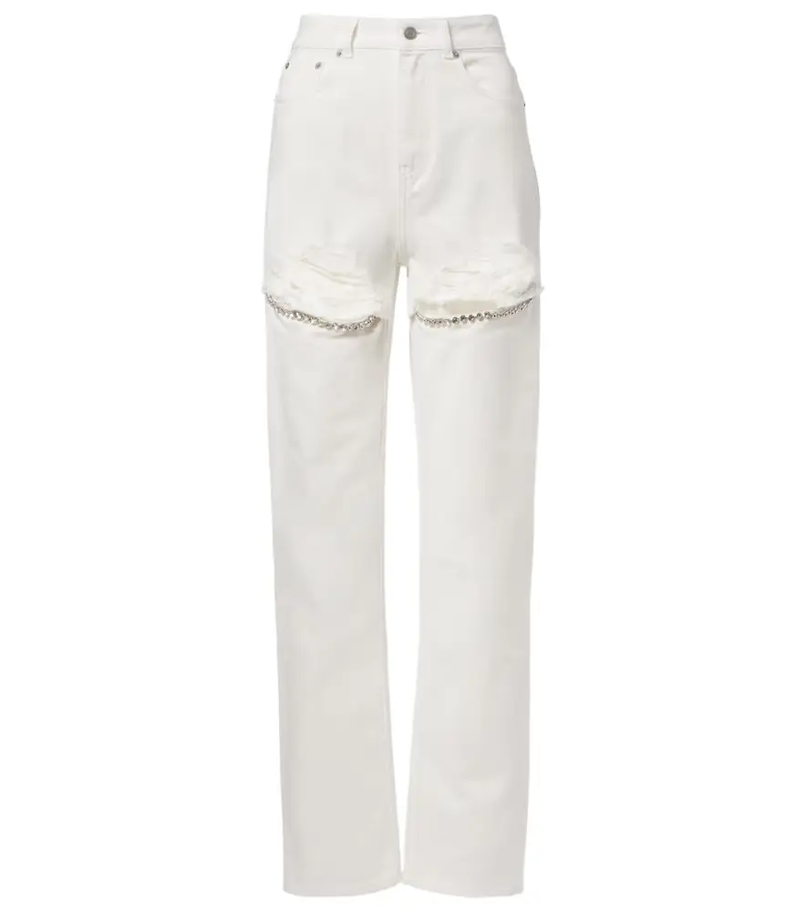 Area Distressed embellished wide-leg jeans