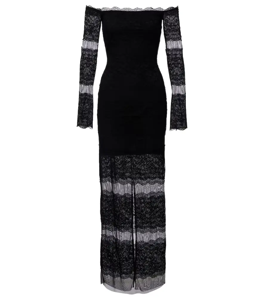 Blumarine Off-shoulder lace tulle maxi dress