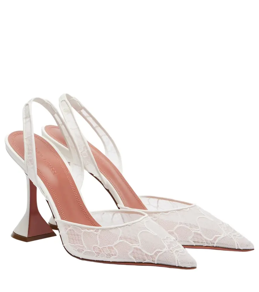Amina Muaddi Holli leather-trimmed lace slingback pumps