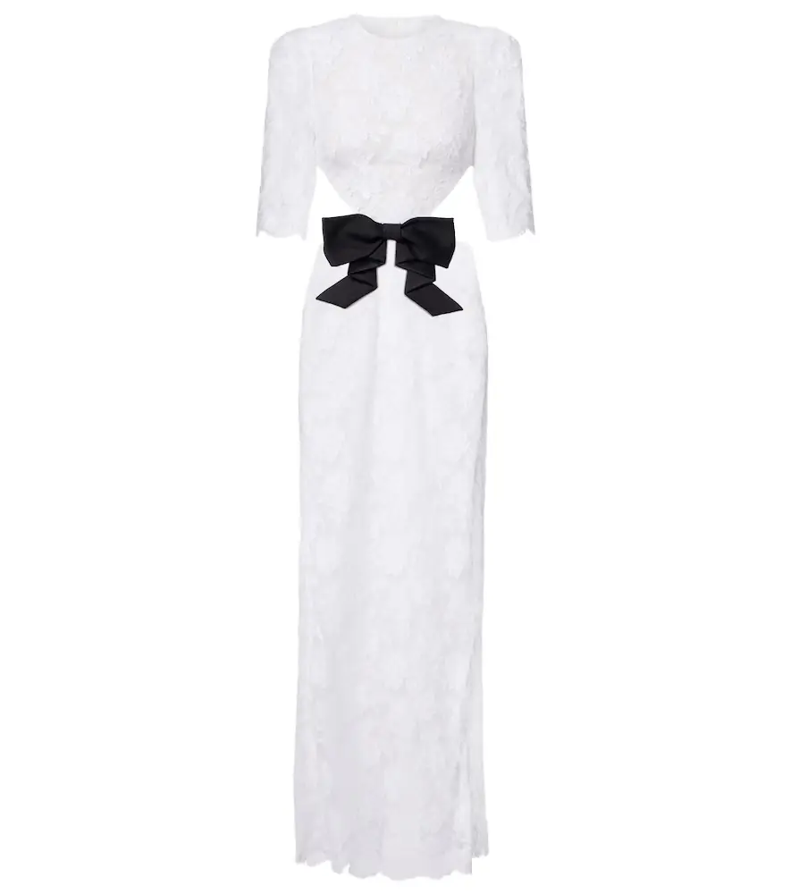 shushu tong lace dress SHUSHU/TONG White Lace Trim Sweetheart Neckline Midi Dress