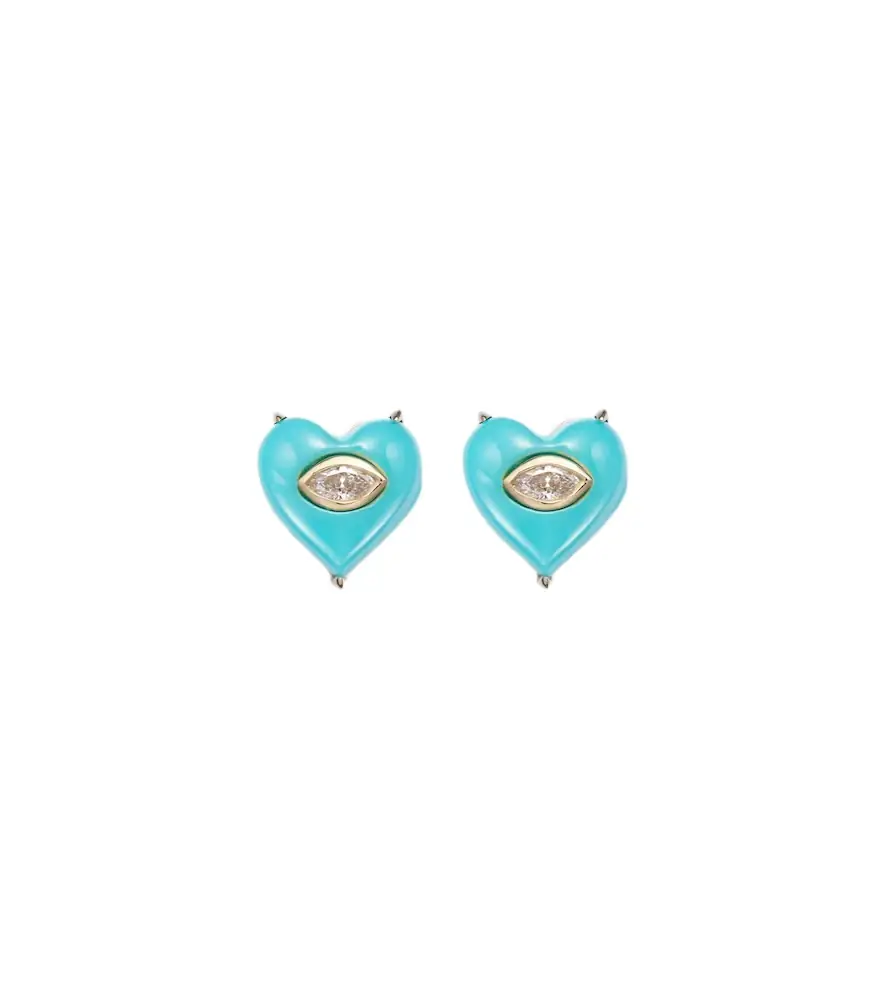 Sydney Evan 14kt gold stud earrings with diamonds and turquoises