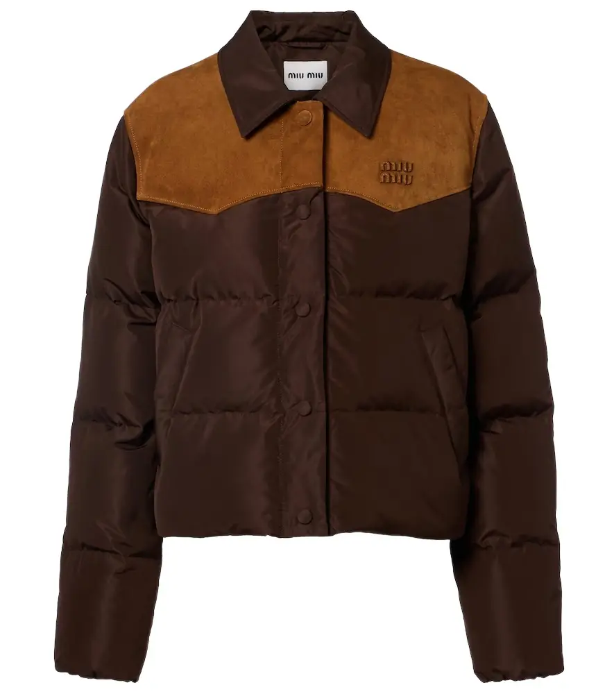 Miu Miu Suede-trimmed pongé down jacket