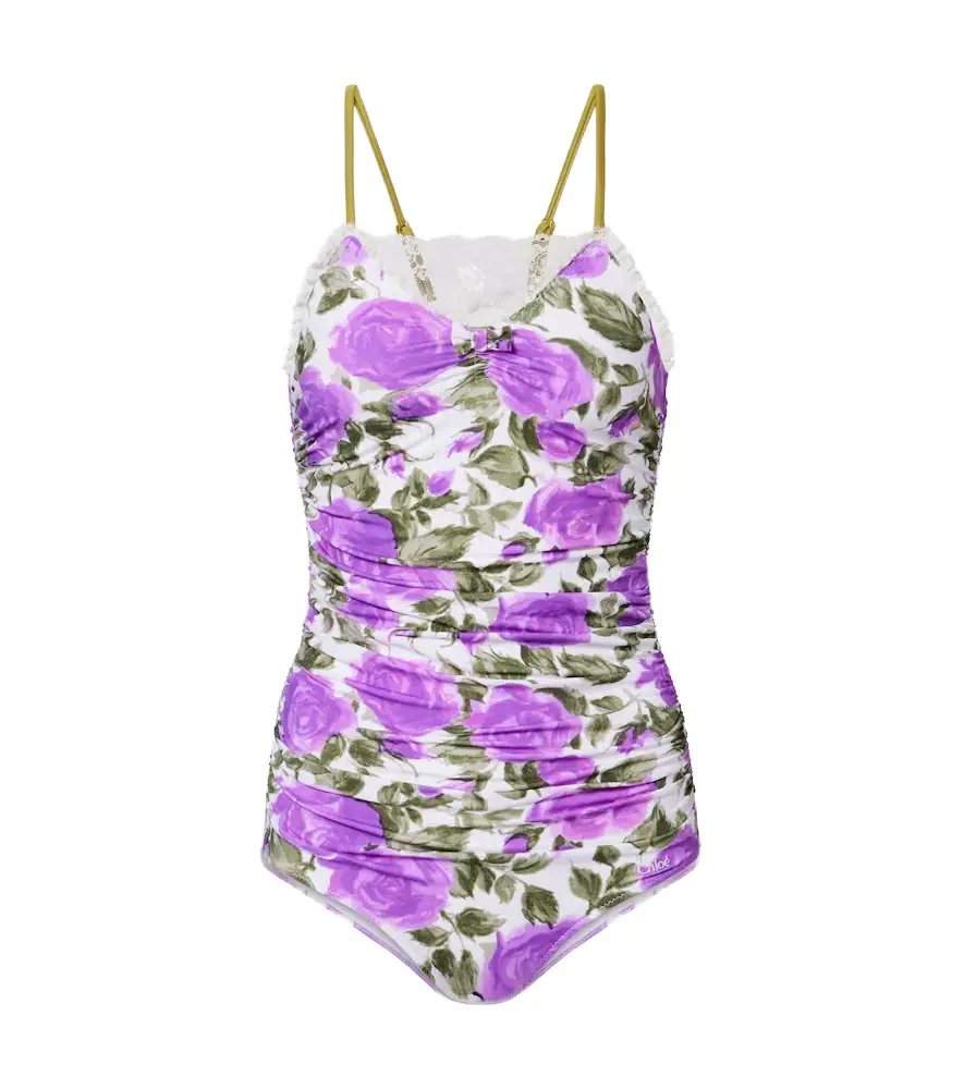 Chloe Chloé Floral ruched lace-trimmed swimsuit
