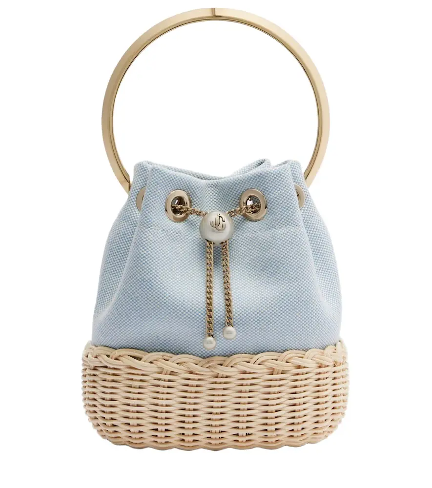 Jimmy Choo Bon Bon canvas and wicker bucket bag