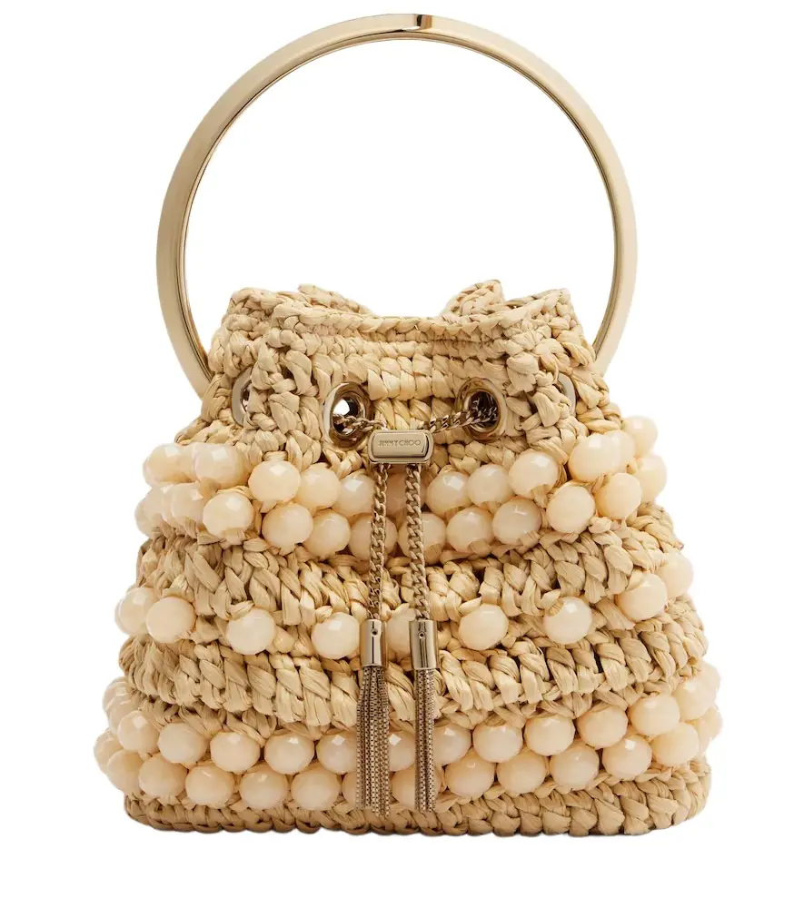 Jimmy Choo Bon Bon Small beaded raffia bucket bag