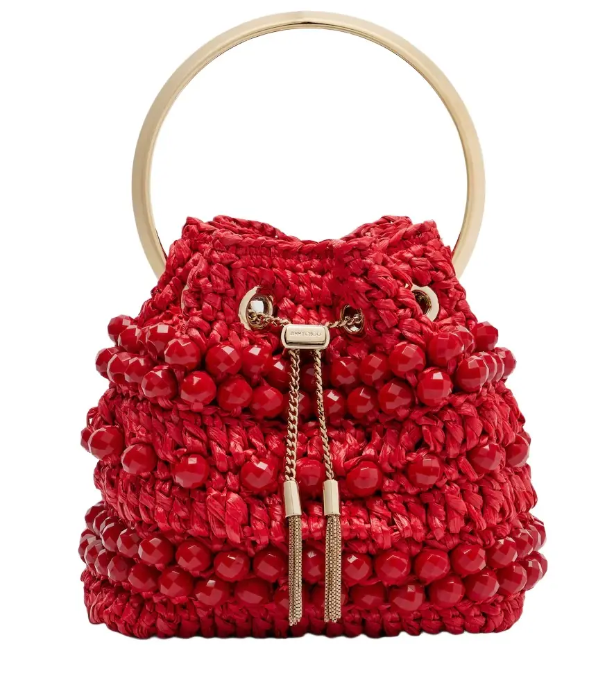 Jimmy Choo Bon Bon Small beaded raffia bucket bag